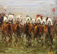Race Day by Desmond Murrie, Oil on board, sold Dec 2025