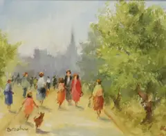 Elizabeth Brophy, Strolling In The Park, Oil on board