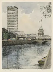 Flora Mitchell, Liberty Hall And The Customs House, Dublin, Watercolour and ink