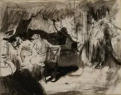 Untitled - Interior Scene With Woman Lying And Standing Figure by William Orpen, Ink and watercolour, sold Nov 2025