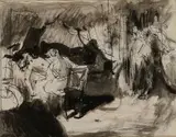 William Orpen, Untitled - Interior Scene With Woman Lying And Standing Figure, Ink and watercolour