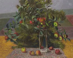 Apples With Vase And Tree by Stephen McKenna, 2001, Oil on canvas, sold Nov 2025