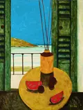 Graham Knuttel, Watermelon And Vase Of Flowers, Acrylic on canvas