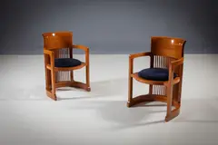 Cherrywood Barrel Chairs by Frank Lloyd Wright, attributed to FRANK LLOYD WRIGHT, sold Nov 2025