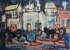 Henry Healy, Donkey Carts In A Street, Oil on board