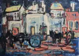 Henry Healy, Donkey Carts In A Street, Oil on board