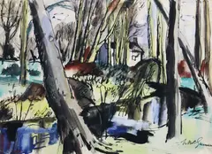 Wood In Spring by Norah McGuinness, Gouache and watercolour, sold Sep 2025