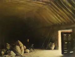 Thomas Ryan, Splitting Seed Potatoes In The Loft Of Joseph Clarkes Farm, Oil on canvas