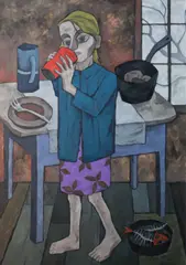 Eddie Mooney, CHILD WITH RED BEAKER by THE KITCHEN TABLE, Oil on canvas