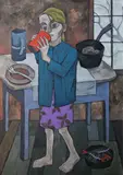 Eddie Mooney, CHILD WITH RED BEAKER by THE KITCHEN TABLE, Oil on canvas