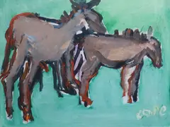 Elizabeth Cope, Donkeys, Oil on paper laid on board
