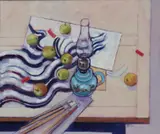 Richard Croft, Still Life With Oil Lamp And Apples, Oil on canvas