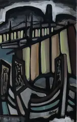 Docked by Markey Robinson, Gouache on board, sold Jun 2025