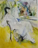 Manar Al Shouha, The Woman With Her Little Companion, Mixed media on canvas