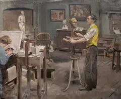 A Sculpture Class by Stephen Bone, oil on canvas, sold Oct 2022