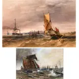 Thomas Bush Hardy, Fishing Boats Off A Jetty In Choppy Waters