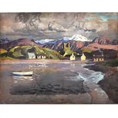 Cottages In A Cove, Mountains Beyond by Stephen Bone, Oil on canvas, sold Oct 2022