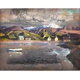 Stephen Bone, Cottages In A Cove, Mountains Beyond, Oil on canvas