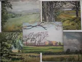 Stephen Bone, Port Madoc Estuary; The Barn; Wheat In Warwickshire; August In The Isle Of Wight, oil on panel