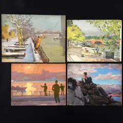 Stephen Bone, Ladies On The Embankment; Across The Thames, Sunset; Leisure Scene (By The Thames?); Young Man Reading