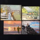 Stephen Bone, Ladies On The Embankment; Across The Thames, Sunset; Leisure Scene (By The Thames?); Young Man Reading