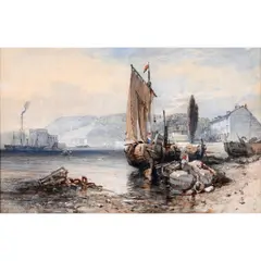 John Skinner Prout, Beached Boats In A Harbour