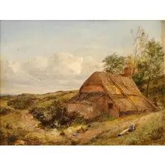 David Bates, Child With Poultry By A Thatched Cottage