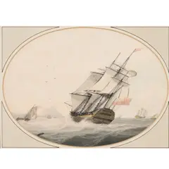 Samuel Atkins, Frigate In Choppy Waters, watercolour with pen and ink