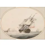 Samuel Atkins, Frigate In Choppy Waters, watercolour with pen and ink