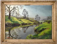 Riverside Pasture by Stephen Bone, oil on canvas, sold Oct 2022