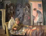 Stephen Bone, The Artist's Wife, Mary, With A Son, oil on canvas