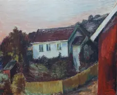 Henrik Sørensen, Landskap med hus, Olje på lerret