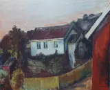 Henrik Sørensen, Landskap med hus, Olje på lerret