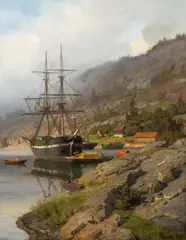 Hans Gude, Skute med folkeliv, 1889, Olje på lerret