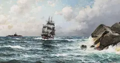 Lauritz Haaland, Seilskute ved klipper, 1914, Olje på lerret