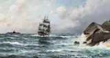 Lauritz Haaland, Seilskute ved klipper, 1914, Olje på lerret
