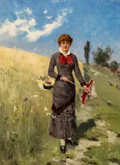 Axel Ender, Ung kvinne i blomstereng, 1882, Olje på lerret