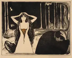 Edvard Munch, Aske II, 1899, Litografi trykket i svart med håndkolorering i oransje og grønt på halvtykt brunlig papir