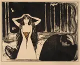 Edvard Munch, Aske II, 1899, Litografi trykket i svart med håndkolorering i oransje og grønt på halvtykt brunlig papir