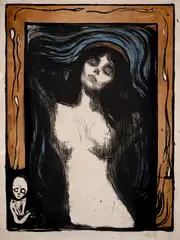 Edvard Munch, Madonna (1895/, 1902, Fargelitografi trykket i svart, rødt og blått på gråhvitt kinapapir