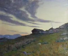 Gudmund Stenersen, Fjelllandskap med hytte, 1917, Olje på lerret