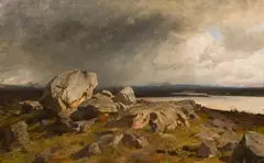 Hans Gude, Norsk høyfjell med opptrekkende uvær, 1856, Olje på lerret