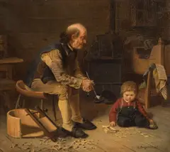 Interiør med to generasjoner by Knud Bergslien, 1867, Olje på lerret, sold Nov 2025