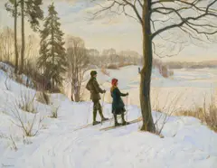 Thorolf Holmboe, Vinterlandskap med skiløpere, Olje på lerret