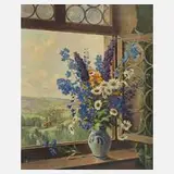 Willi Freitag, Sommerblumenstrauß im Fenster, Öl auf Leinwand und Keilrahmen