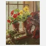 Rosina del Fabro, "Begonien am Fenster", Öl über Bleistift auf Leinwand