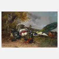 Max Hänger, Geflügelhof mit Pfau, Öl auf Holzplatte