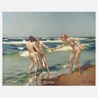 Wilhelm Hempfing, "Badende Mädchen am Meer", Öl auf Leinwand