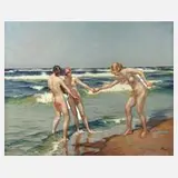 Wilhelm Hempfing, "Badende Mädchen am Meer", Öl auf Leinwand