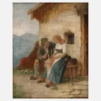 Theodor Kleehaas, Liebespaar vor der Almhütte, Öl auf Leinwand